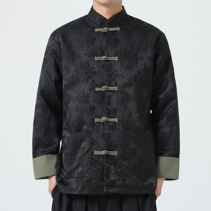 Veste Tang en coton à manches longues et boutons grenouille en jacquard Buddha Stones pour homme avec poches - Noir - US/UK/AU46，EU56 (5XL) - image 0