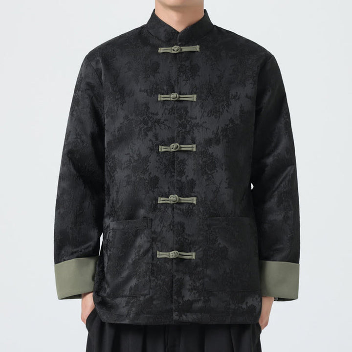 Veste Tang en coton à manches longues et boutons grenouille en jacquard Buddha Stones pour homme avec poches - Noir - US/UK/AU46，EU56 (5XL) - image 0