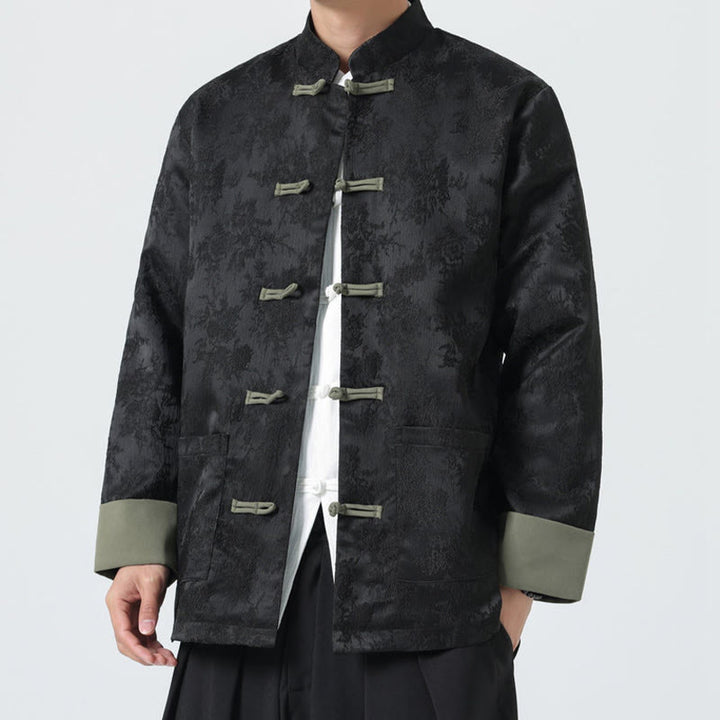 Veste Tang en coton à manches longues et boutons grenouille en jacquard Buddha Stones pour homme avec poches - image 2