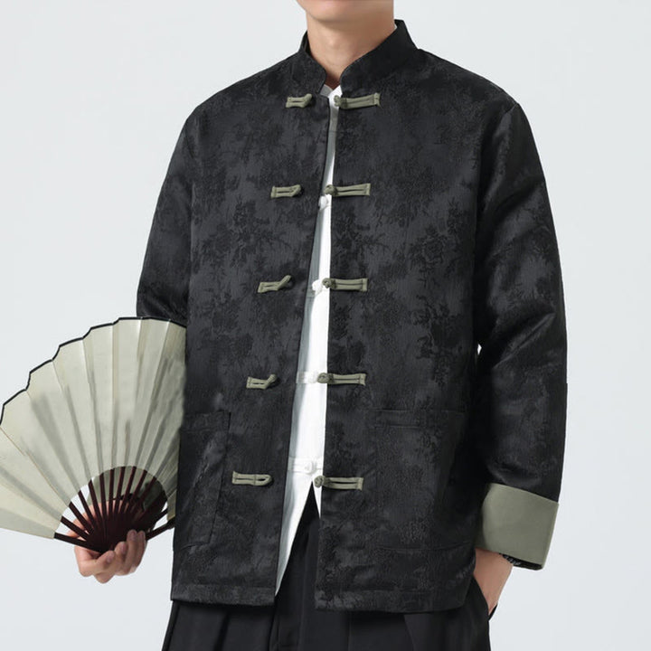 Veste Tang en coton à manches longues et boutons grenouille en jacquard Buddha Stones pour homme avec poches - image 8