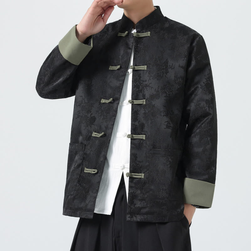 Veste Tang en coton à manches longues et boutons grenouille en jacquard Buddha Stones pour homme avec poches - image 3