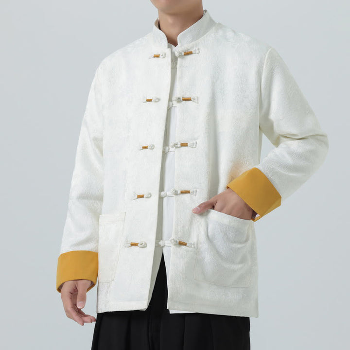 Veste Tang en coton à manches longues et boutons grenouille en jacquard Buddha Stones pour homme avec poches - Blanc - US/UK/AU46，EU56 (5XL) - image 12