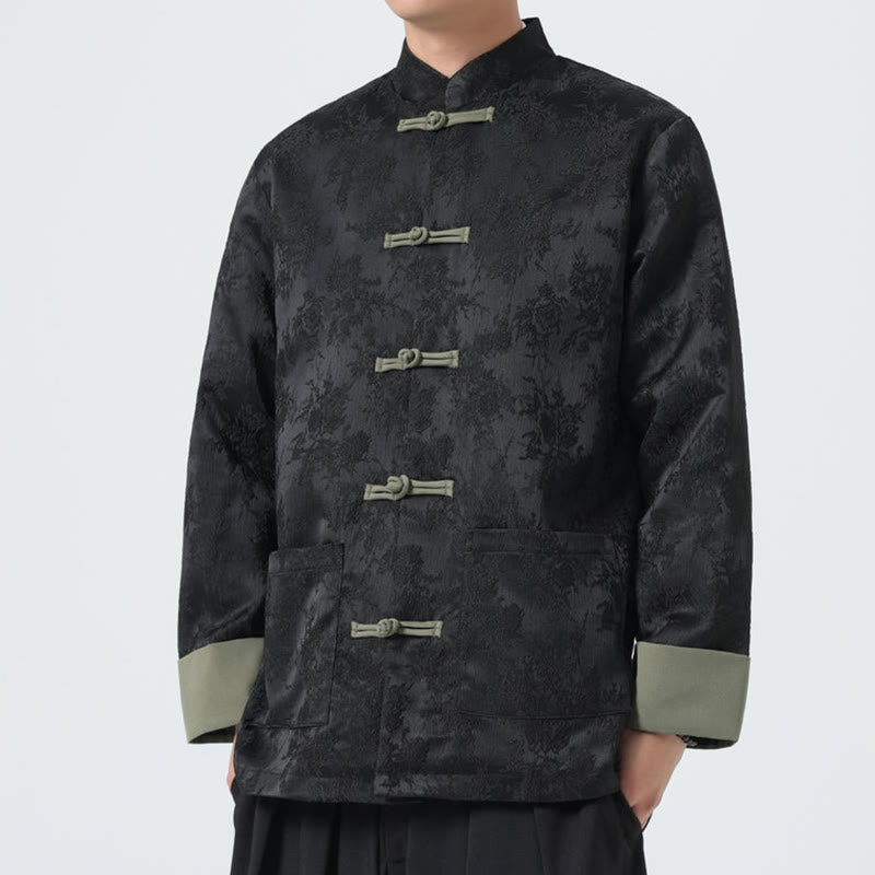Veste Tang en coton à manches longues et boutons grenouille en jacquard Buddha Stones pour homme avec poches - image 1