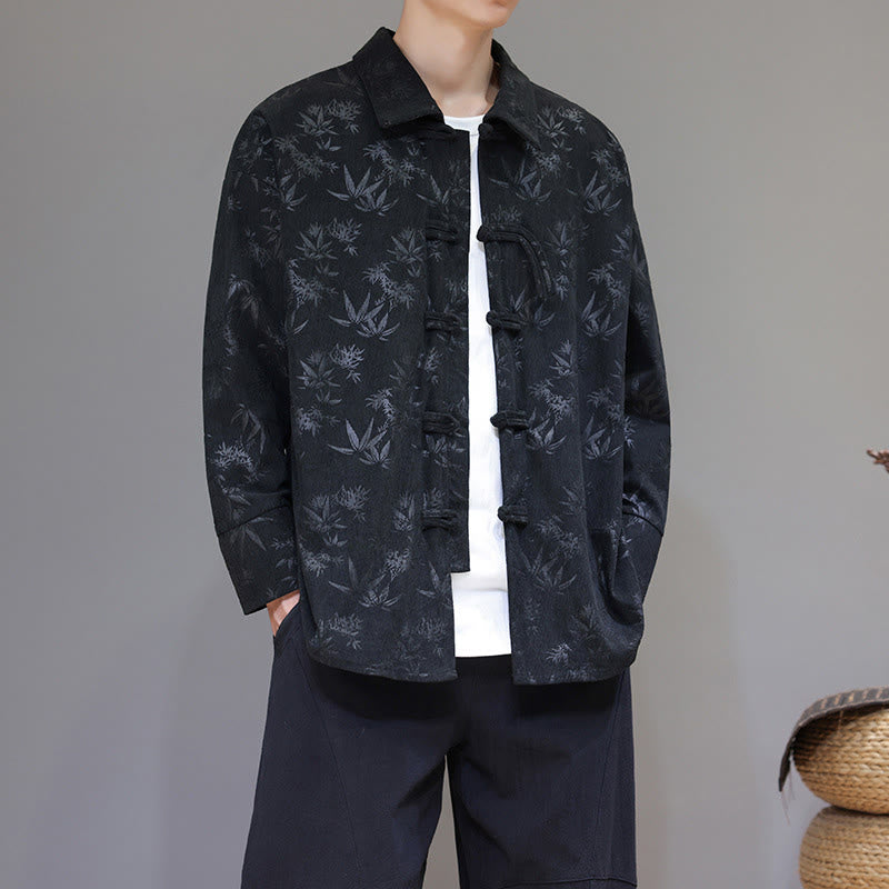 Veste de costume Tang en coton à manches longues pour homme, motif feuilles et Buddha Stones, jacquard, boutons grenouille - Noir - US/UK/AU48，EU58(5XL) - image 0