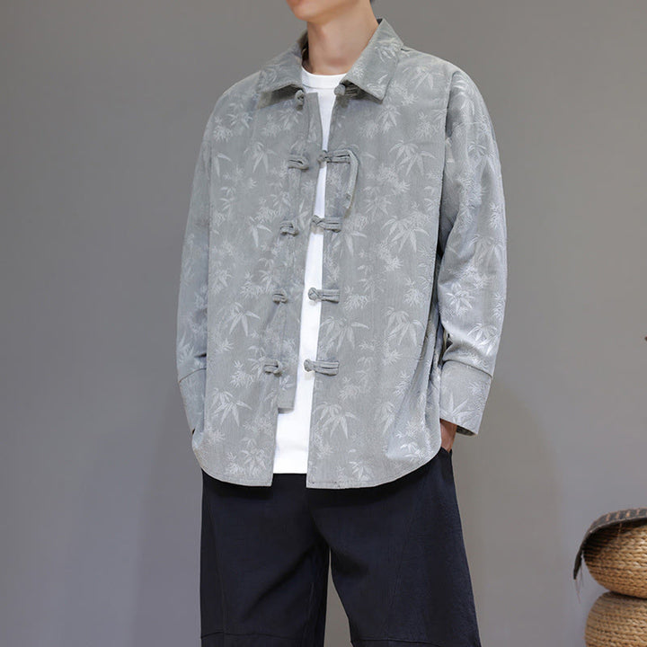 Veste de costume Tang en coton à manches longues pour homme, motif feuilles et Buddha Stones, jacquard, boutons grenouille - Gris clair - US/UK/AU48，EU58(5XL) - image 8