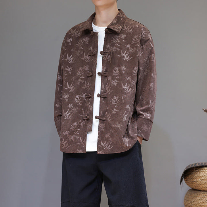 Veste de costume Tang en coton à manches longues pour homme, motif feuilles et Buddha Stones, jacquard, boutons grenouille - Terre de sienne - US/UK/AU48，EU58(5XL) - image 25