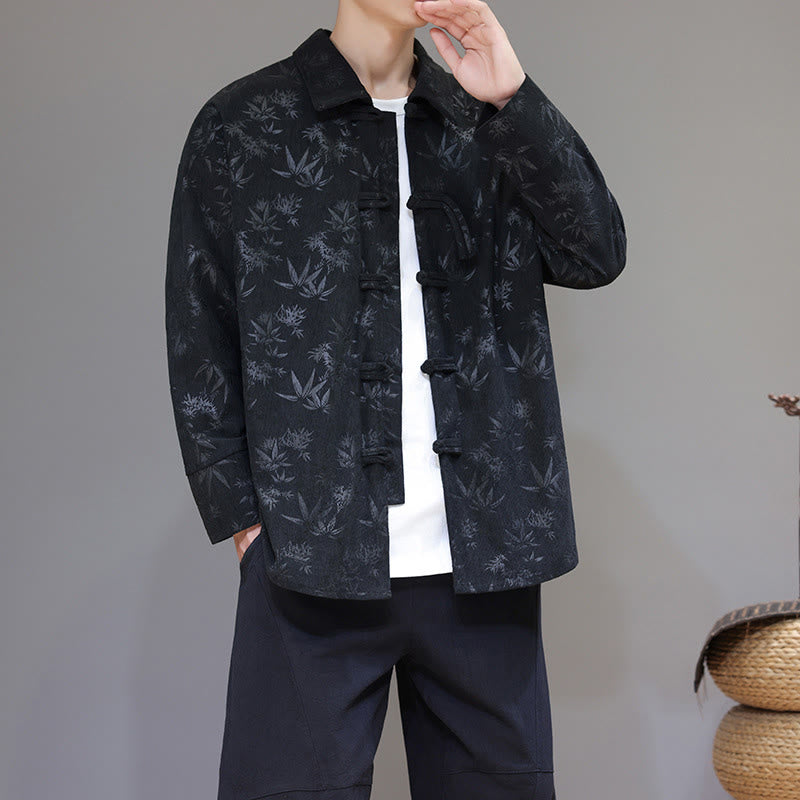 Veste de costume Tang en coton à manches longues pour homme, motif feuilles et Buddha Stones, jacquard, boutons grenouille - image 1