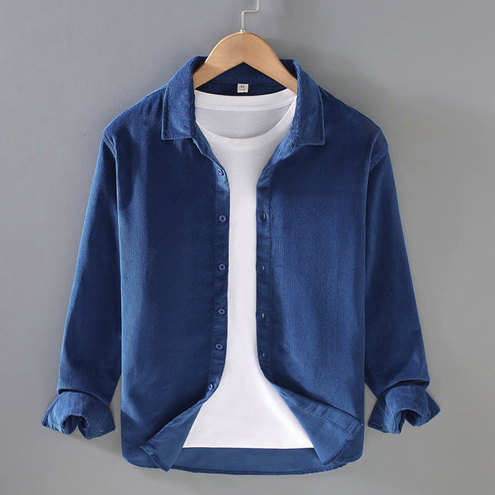 Chemise homme Buddha Stones, couleur unie, boutons, manches longues, pur coton, velours côtelé - Bleu moyen - US/UK/AU44，EU54 (4XL) - image 1