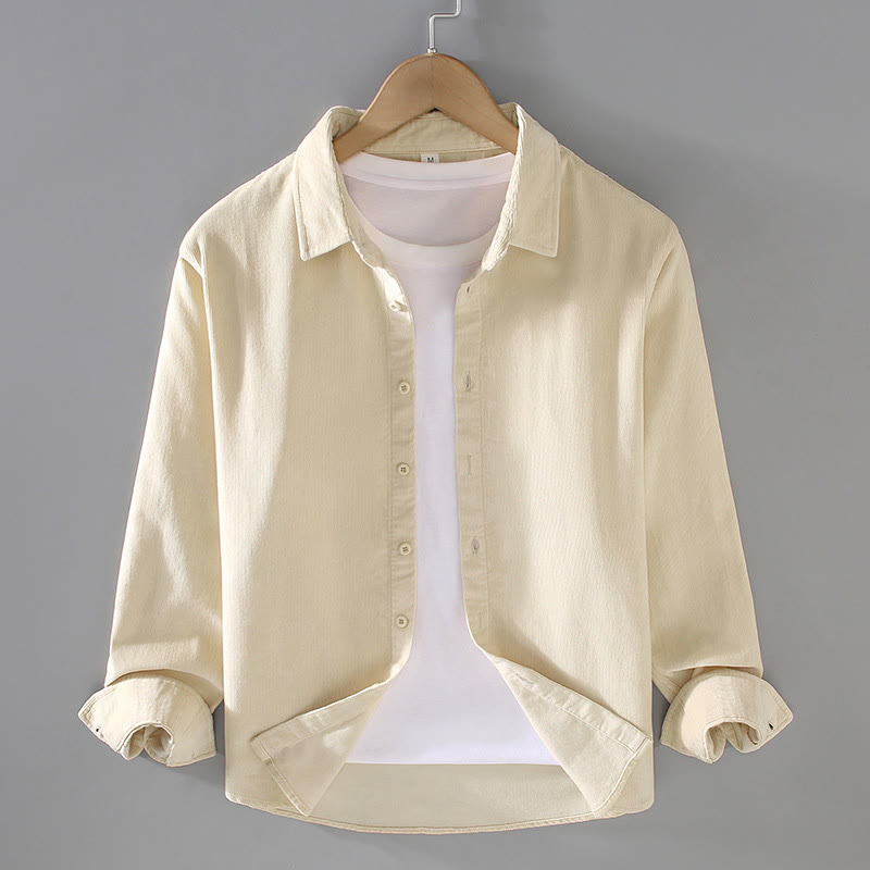 Chemise homme Buddha Stones, couleur unie, boutons, manches longues, pur coton, velours côtelé - Beige - US/UK/AU44，EU54 (4XL) - image 4