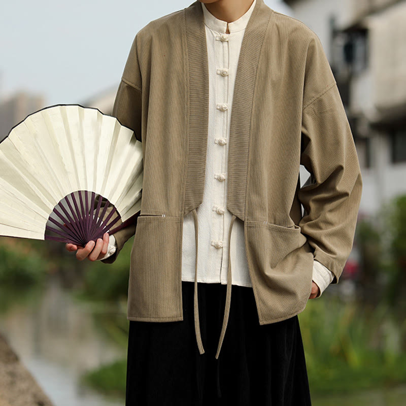Buddha Stones kimono à manches longues et col ouvert en velours côtelé de coton pour homme avec poches - Tanné - US/UK/AU46，EU56 (5XL) - image 0