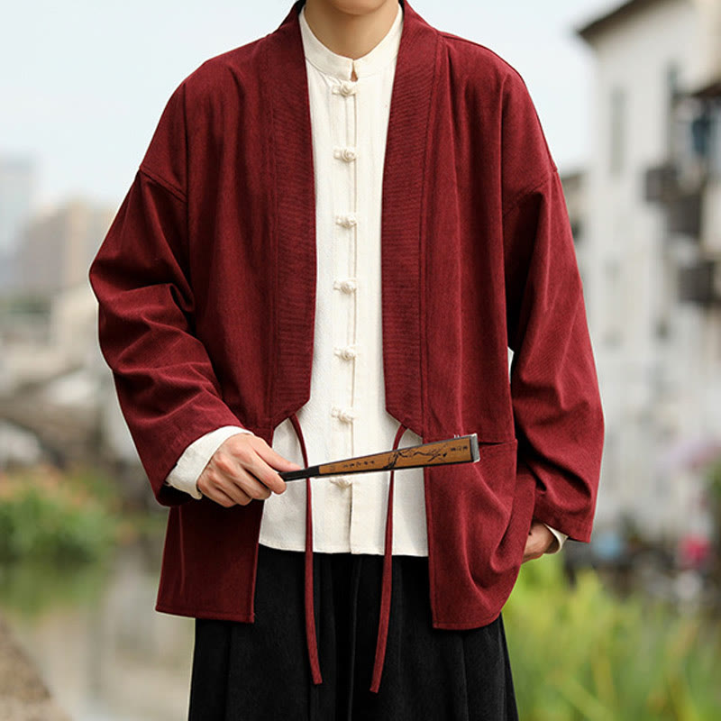 Buddha Stones kimono à manches longues et col ouvert en velours côtelé de coton pour homme avec poches - image 12