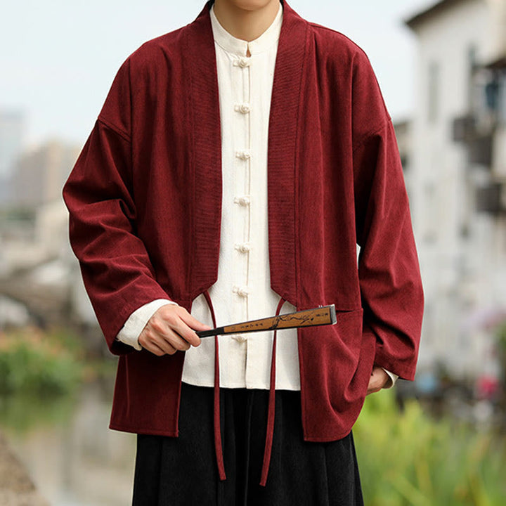 Buddha Stones kimono à manches longues et col ouvert en velours côtelé de coton pour homme avec poches - image 12