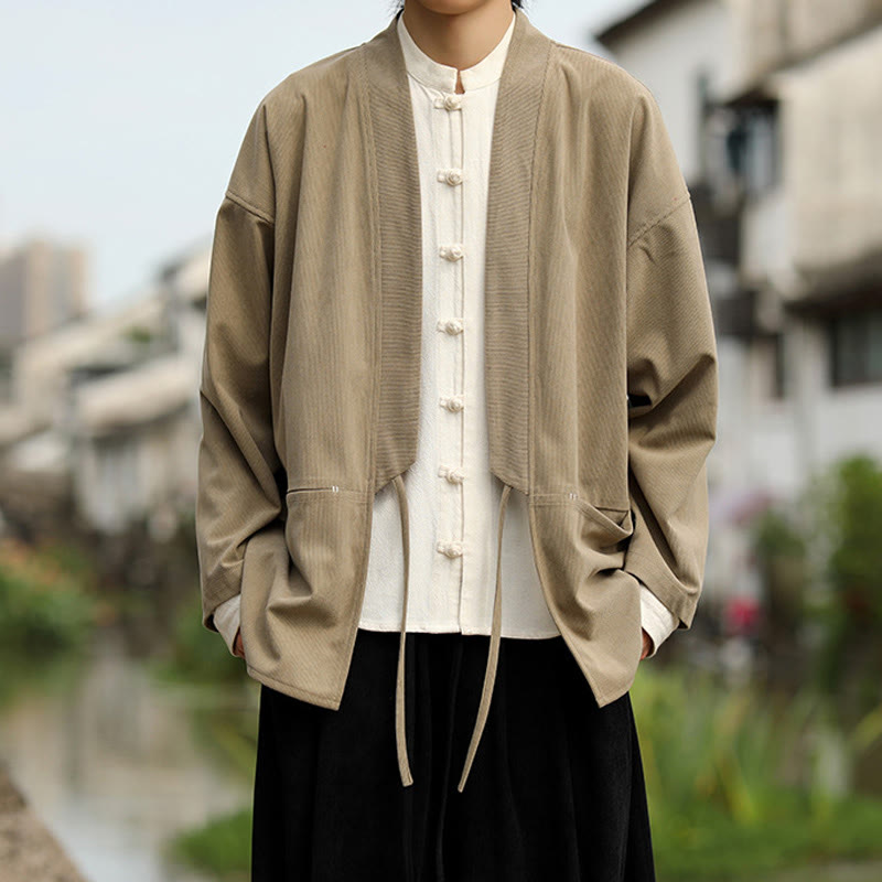 Buddha Stones kimono à manches longues et col ouvert en velours côtelé de coton pour homme avec poches - image 1
