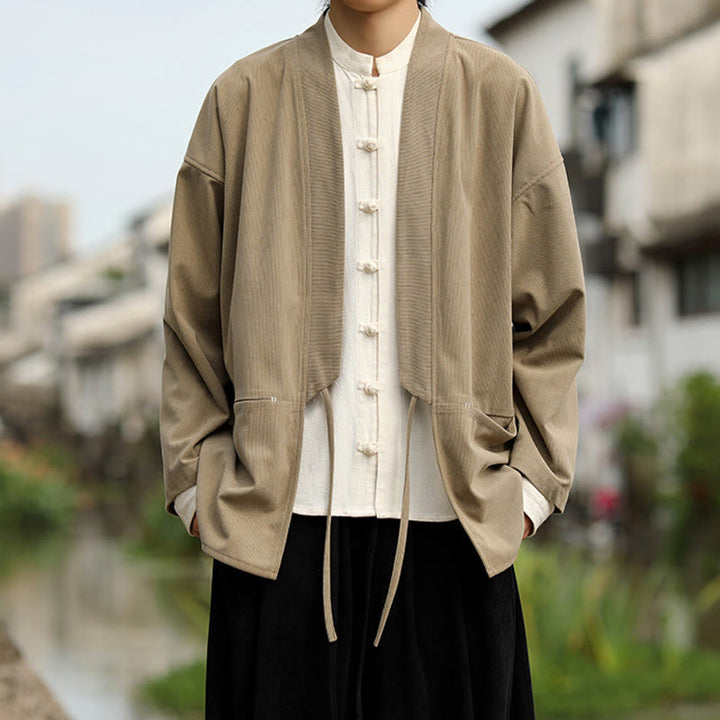 Buddha Stones kimono à manches longues et col ouvert en velours côtelé de coton pour homme avec poches - image 1