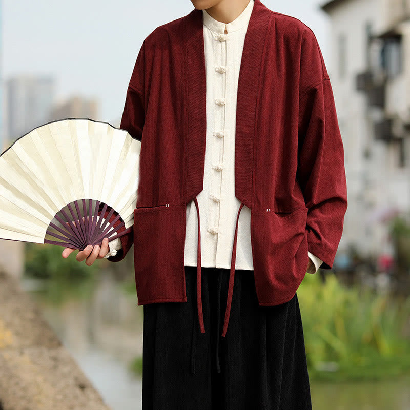 Buddha Stones kimono à manches longues et col ouvert en velours côtelé de coton pour homme avec poches - image 8