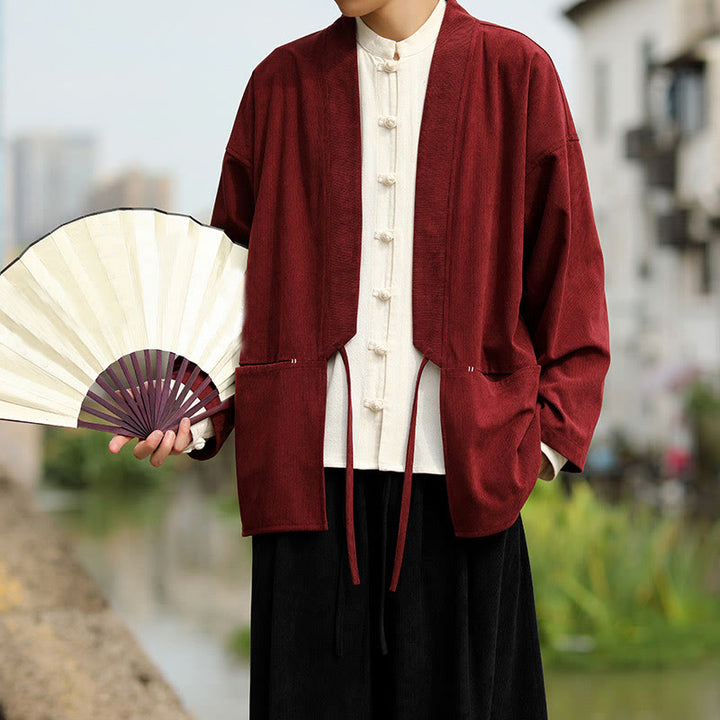 Buddha Stones kimono à manches longues et col ouvert en velours côtelé de coton pour homme avec poches - image 8