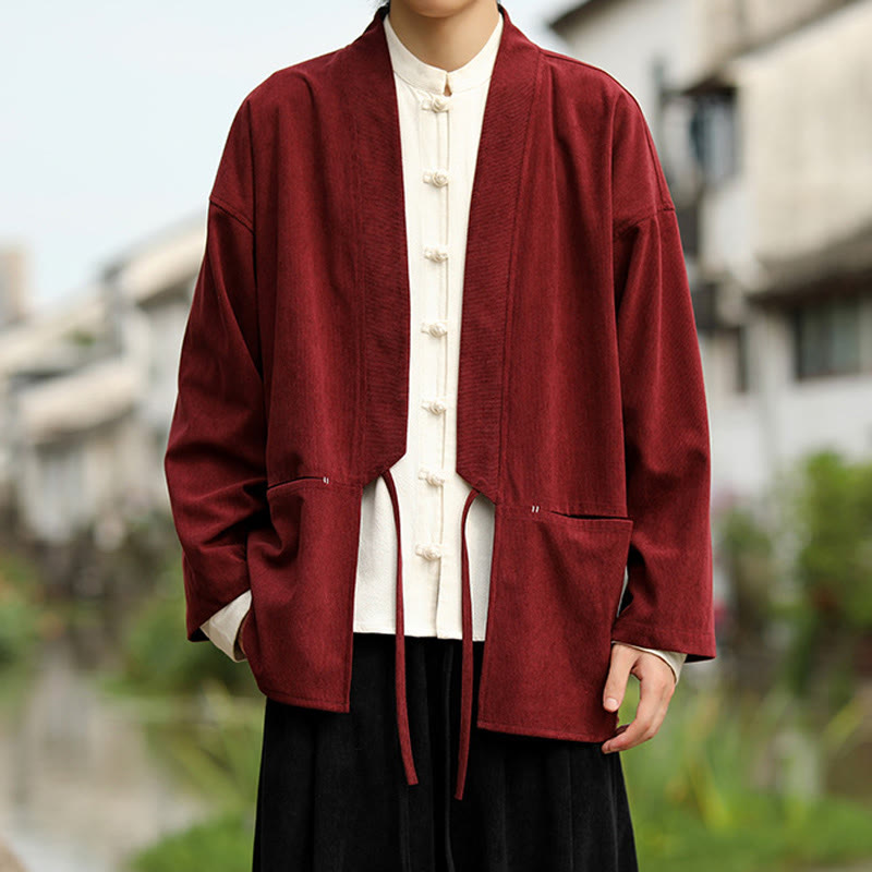 Buddha Stones kimono à manches longues et col ouvert en velours côtelé de coton pour homme avec poches - image 9
