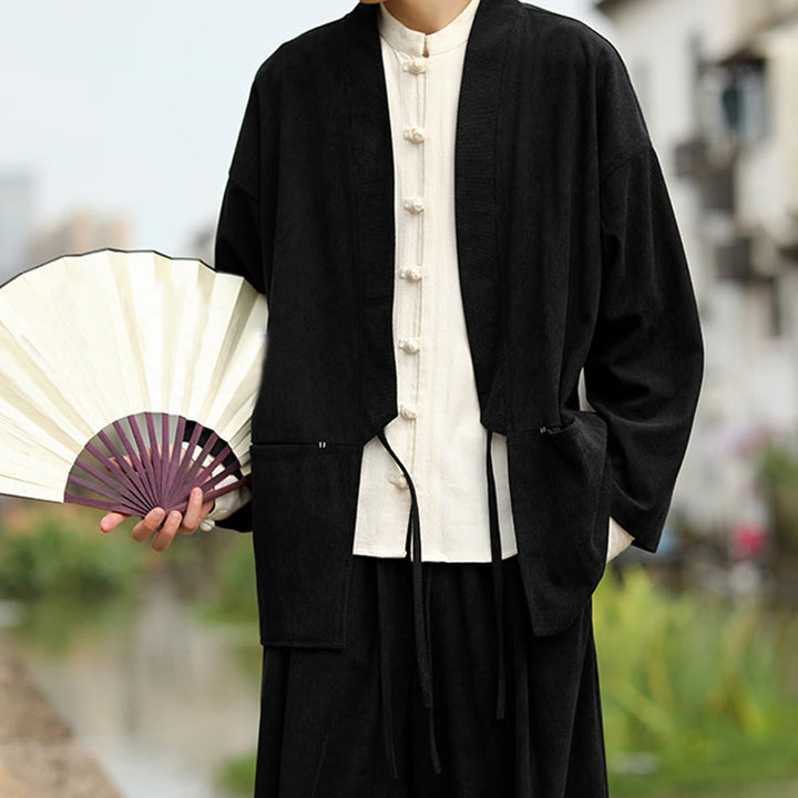 Buddha Stones kimono à manches longues et col ouvert en velours côtelé de coton pour homme avec poches - image 15