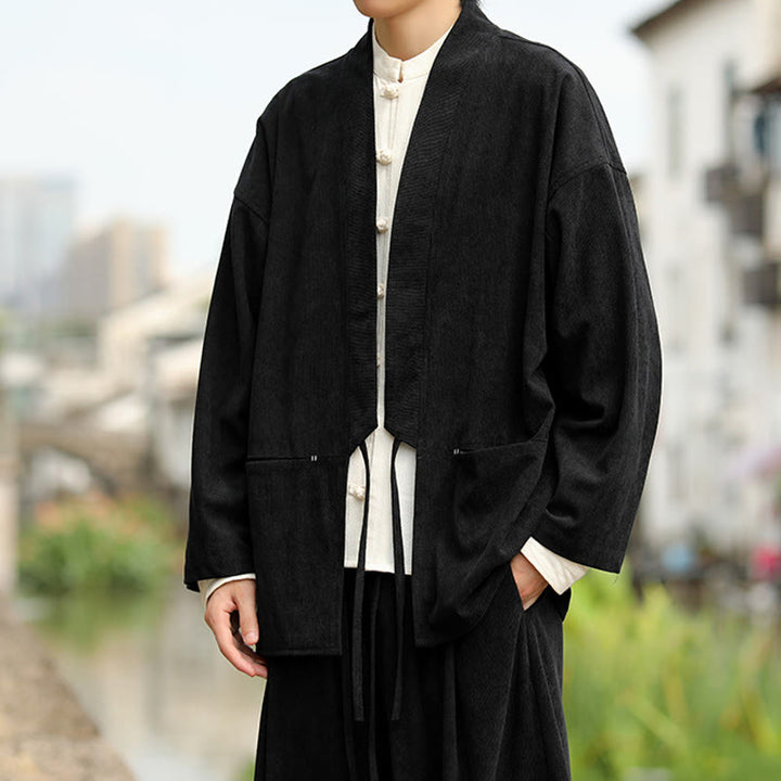 Buddha Stones kimono à manches longues et col ouvert en velours côtelé de coton pour homme avec poches - image 16