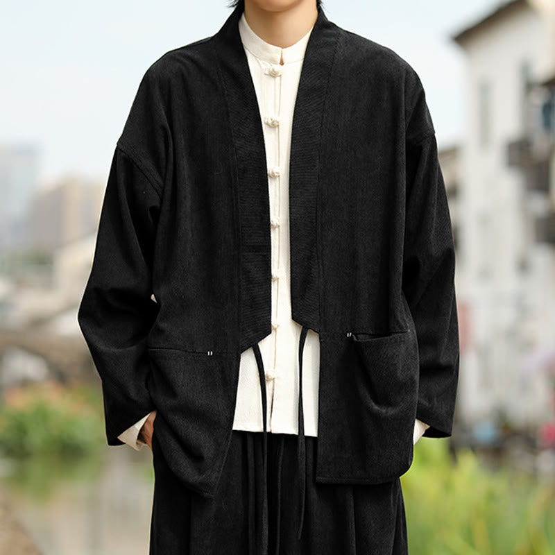 Buddha Stones kimono à manches longues et col ouvert en velours côtelé de coton pour homme avec poches - Noir - US/UK/AU46，EU56 (5XL) - image 13