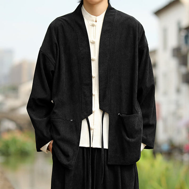 Buddha Stones kimono à manches longues et col ouvert en velours côtelé de coton pour homme avec poches - Noir - US/UK/AU46，EU56 (5XL) - image 13