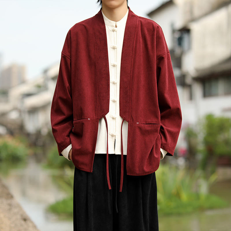 Buddha Stones kimono à manches longues et col ouvert en velours côtelé de coton pour homme avec poches - FireBrick - US/UK/AU46，EU56 (5XL) - image 7