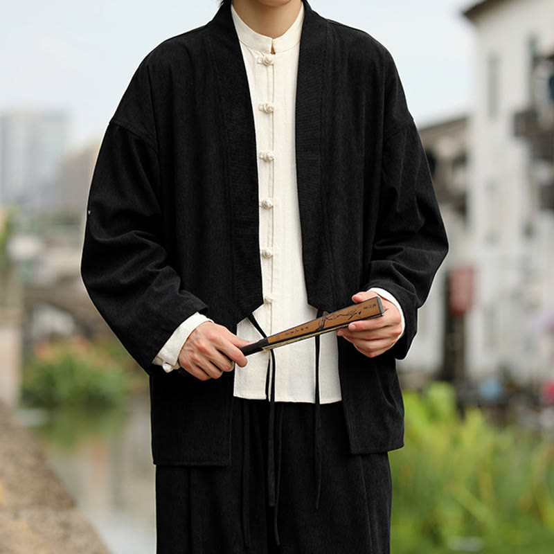 Buddha Stones kimono à manches longues et col ouvert en velours côtelé de coton pour homme avec poches - image 14