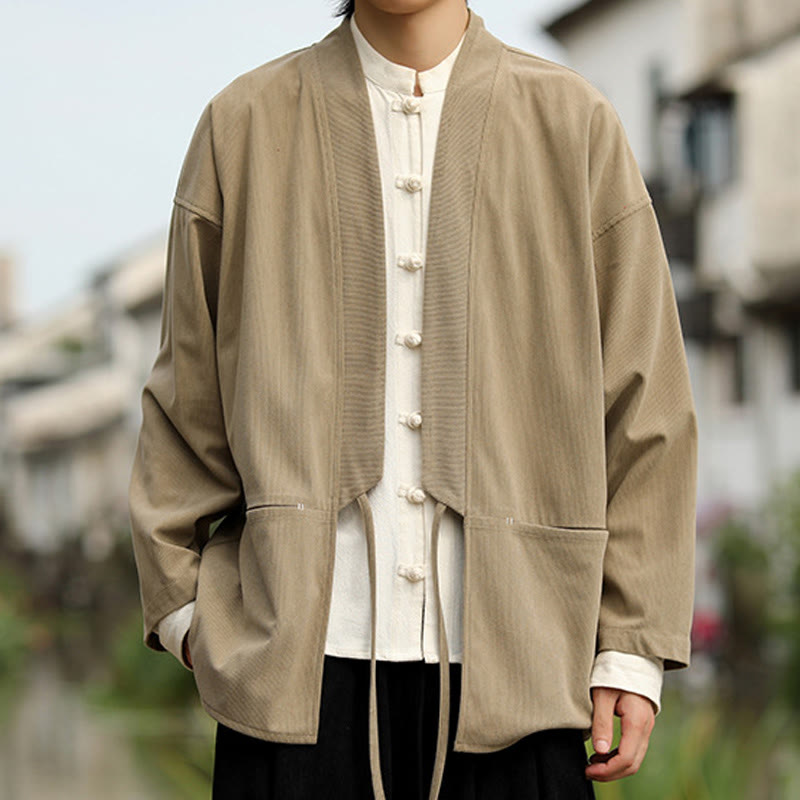 Buddha Stones kimono à manches longues et col ouvert en velours côtelé de coton pour homme avec poches - image 3