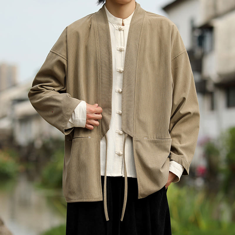 Buddha Stones kimono à manches longues et col ouvert en velours côtelé de coton pour homme avec poches - image 4