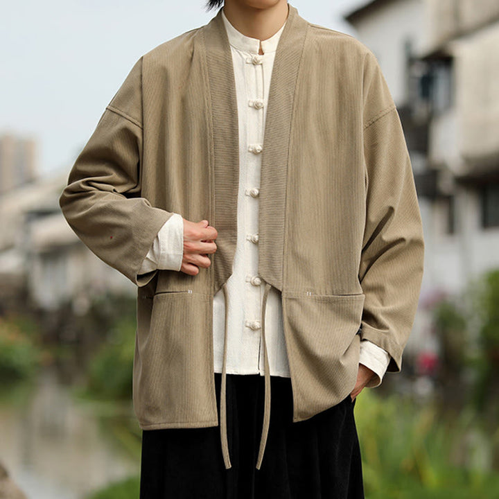 Buddha Stones kimono à manches longues et col ouvert en velours côtelé de coton pour homme avec poches - image 4