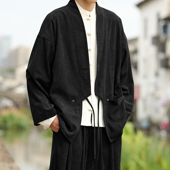 Buddha Stones kimono à manches longues et col ouvert en velours côtelé de coton pour homme avec poches - image 18