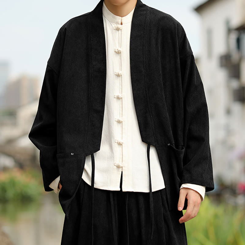 Buddha Stones kimono à manches longues et col ouvert en velours côtelé de coton pour homme avec poches - image 17