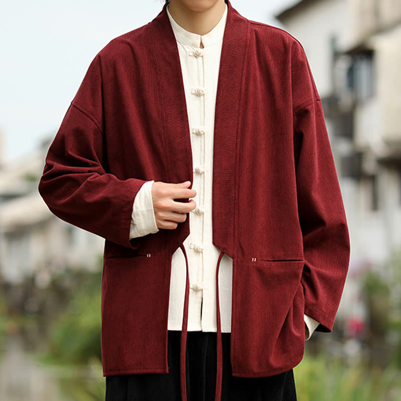 Buddha Stones kimono à manches longues et col ouvert en velours côtelé de coton pour homme avec poches - image 10