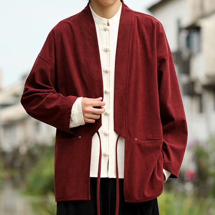 Buddha Stones kimono à manches longues et col ouvert en velours côtelé de coton pour homme avec poches - image 10