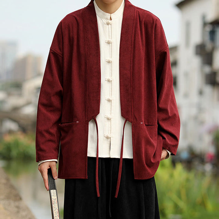 Buddha Stones kimono à manches longues et col ouvert en velours côtelé de coton pour homme avec poches - image 11