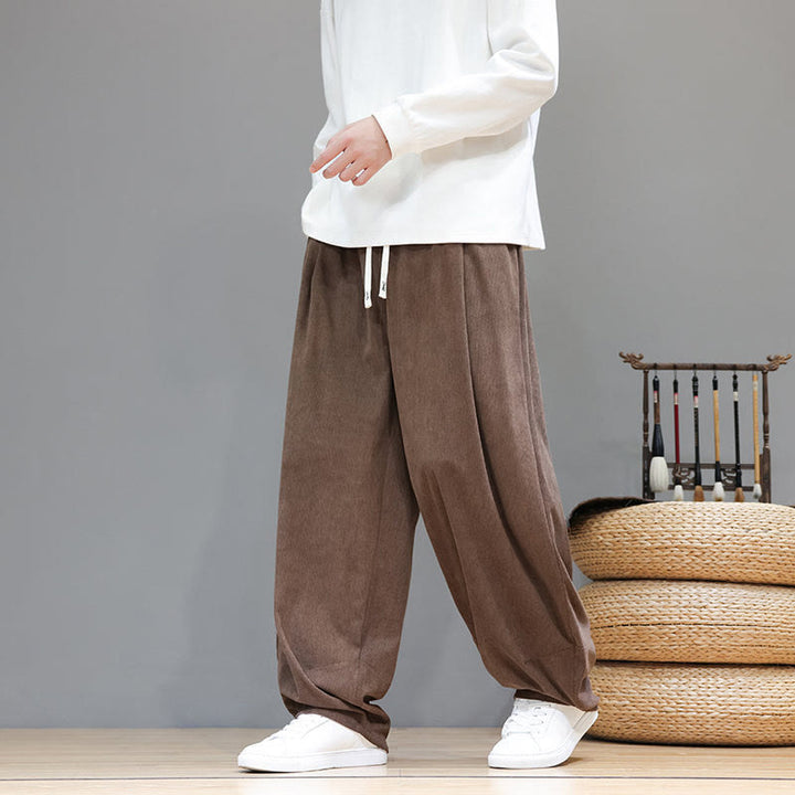 Pantalon sarouel pour homme en velours côtelé de pur coton uni Buddha Stones avec poches - Terre de sienne - US/UK/AU46，EU56 (5XL) - image 0
