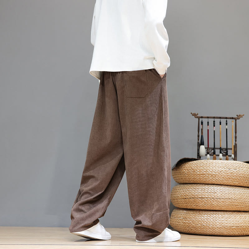 Pantalon sarouel pour homme en velours côtelé de pur coton uni Buddha Stones avec poches - image 4