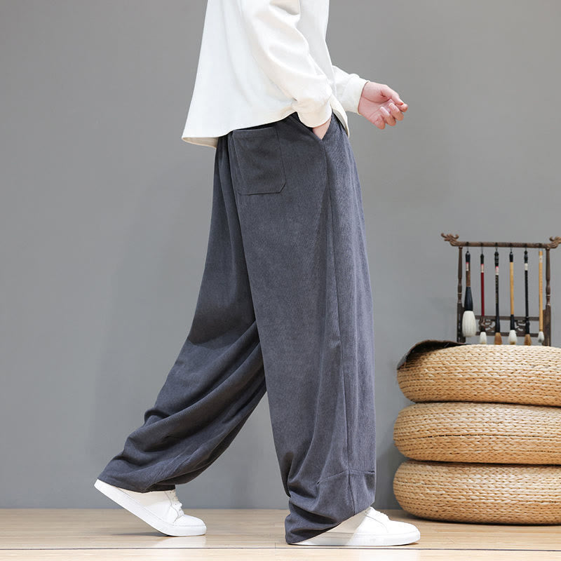Pantalon sarouel pour homme en velours côtelé de pur coton uni Buddha Stones avec poches - image 18