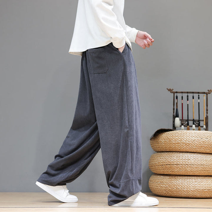 Pantalon sarouel pour homme en velours côtelé de pur coton uni Buddha Stones avec poches - image 18
