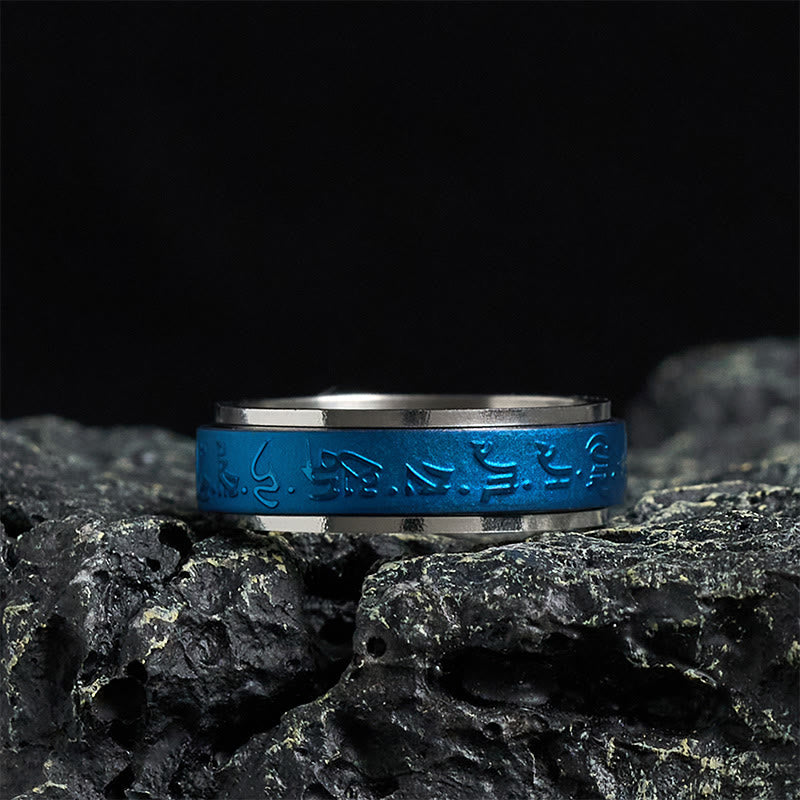 Bague d'équilibre rotative en acier titane Buddha Stones et écritures tibétaines, mantra bleu du pharmacien - 70-73 mm - image 0