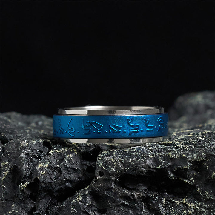 Bague d'équilibre rotative en acier titane Buddha Stones et écritures tibétaines, mantra bleu du pharmacien - 70-73 mm - image 0