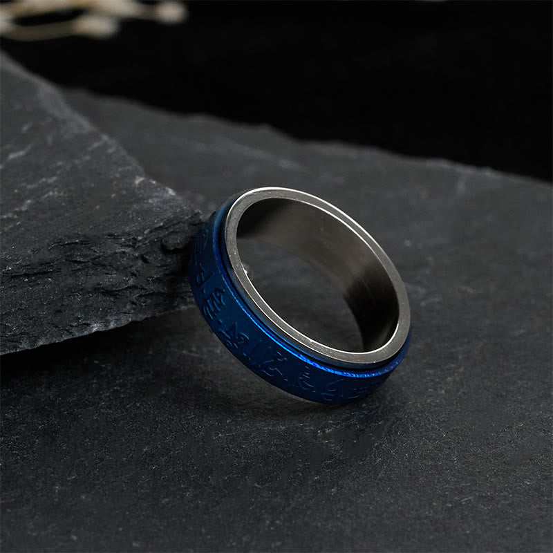 Bague d'équilibre rotative en acier titane Buddha Stones et écritures tibétaines, mantra bleu du pharmacien - image 3