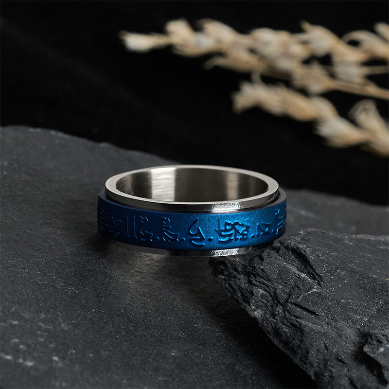 Bague d'équilibre rotative en acier titane Buddha Stones et écritures tibétaines, mantra bleu du pharmacien - image 1
