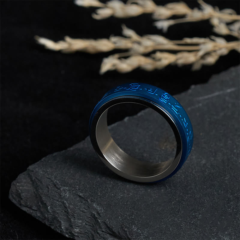 Bague d'équilibre rotative en acier titane Buddha Stones et écritures tibétaines, mantra bleu du pharmacien - image 2