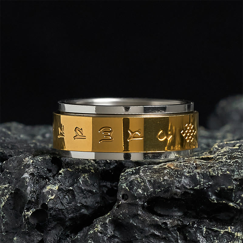 Bague de paix rotative en acier titane Buddha Stones et écritures tibétaines Om Mani Padme Hum - 70-73 mm - image 0