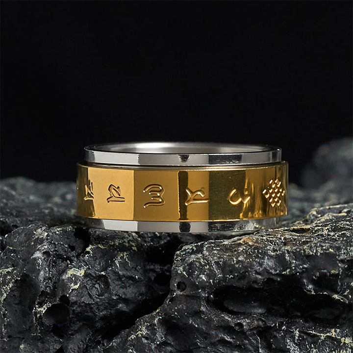 Bague de paix rotative en acier titane Buddha Stones et écritures tibétaines Om Mani Padme Hum - 70-73 mm - image 0