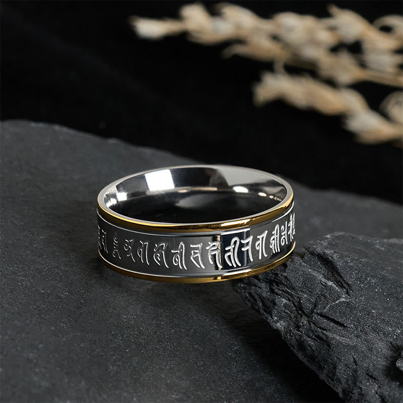 Bague d'équilibre rotative en acier titane Buddha Stones et écritures tibétaines, mantra Shurangama - image 1