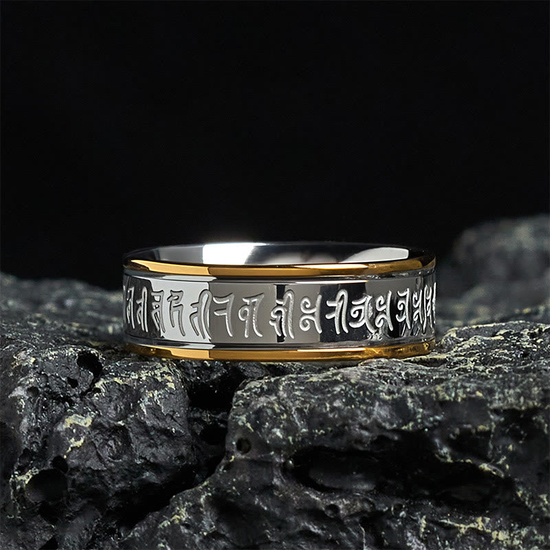 Bague d'équilibre rotative en acier titane Buddha Stones et écritures tibétaines, mantra Shurangama - 70-73 mm - image 0