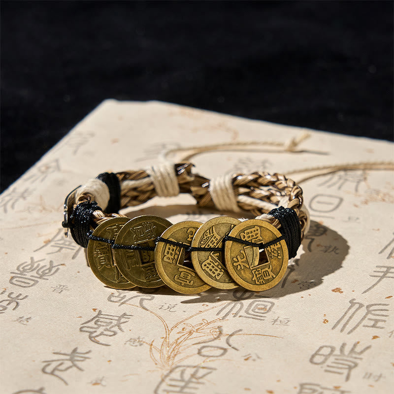 Bracelet de protection en corde avec amulette et pièces des cinq empereurs en Buddha Stones  - Pièces des Cinq Empereurs (tour de poignet : 15-19 cm) - image 0
