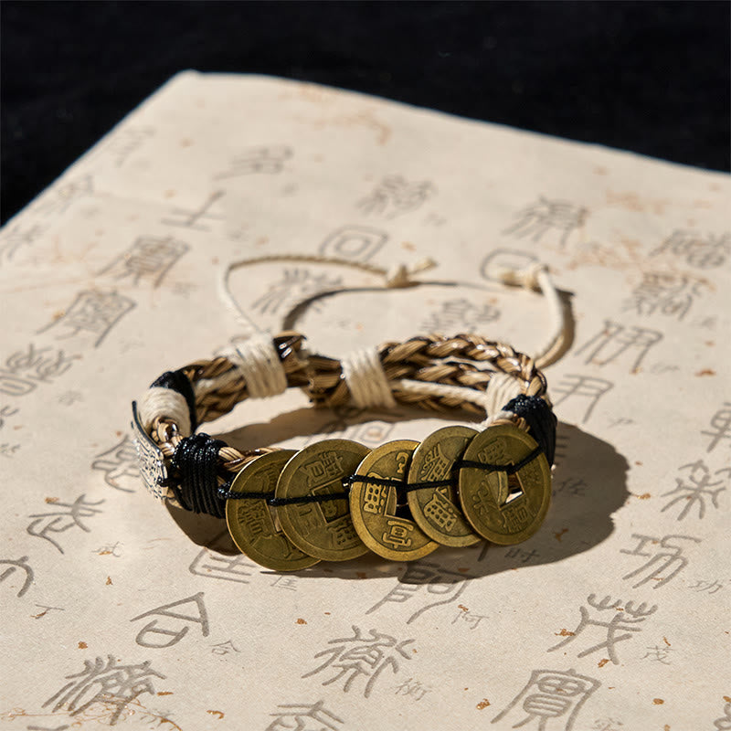 Bracelet de protection en corde avec amulette et pièces des cinq empereurs en Buddha Stones  - image 1